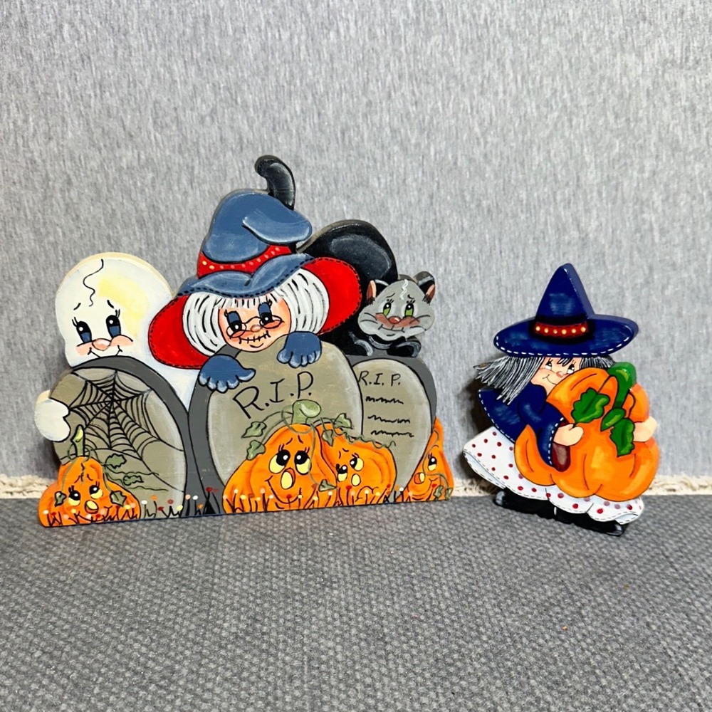 VTG Hand Painted Wood Halloween Decor Festive Seasonal Nostalgic 2pc Set